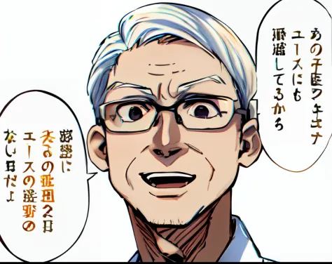 a anime of a old man, happy, close up, open mouth, white hair color, glasses, black eyes, text bubble speech manga, teacher, col...