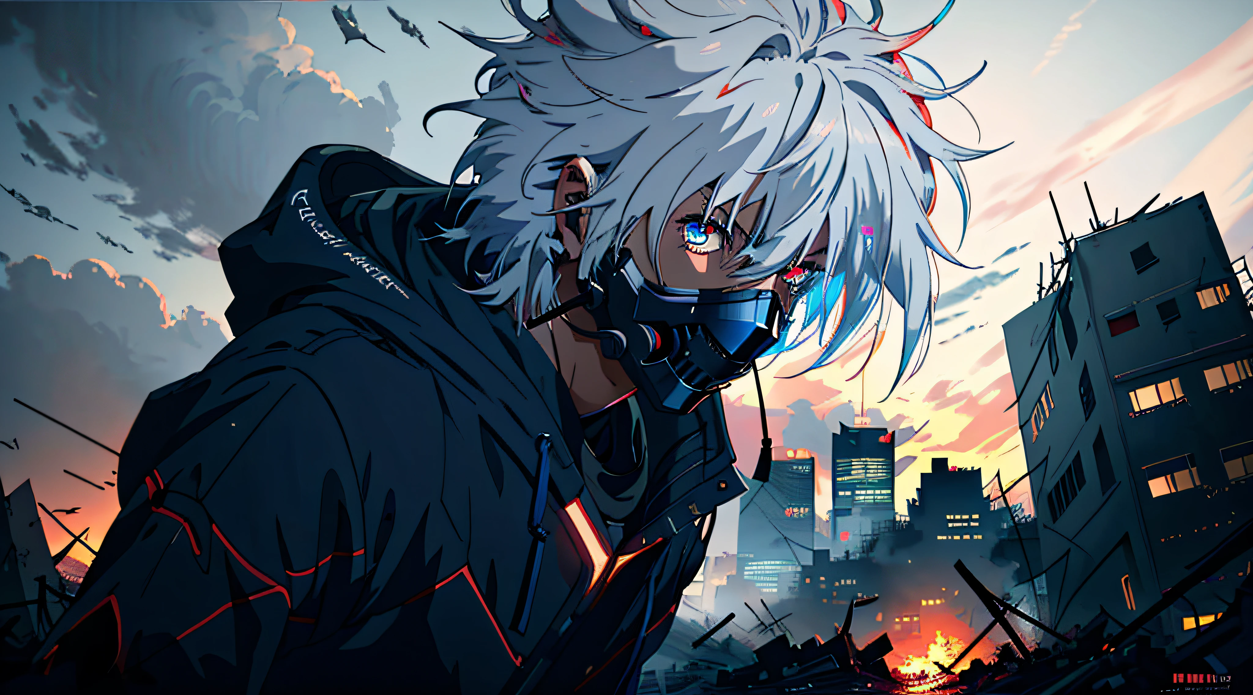 Anime humanoid monster, character design,wearing a futuristic mouth mask, serious face,boy,maniac,deranged look,messy unkept hair,hair covering right eye, vibrant eye color,red and blue eyes,(white hair), close up shot, creating a crack in reality, powerful aura, destroyed city, very dark,night,8k,64k, HD, unparalleled masterpiece, dynamic lighting, cinematic, epic Highest quality digital art, Stunning art, wallpaper 4k