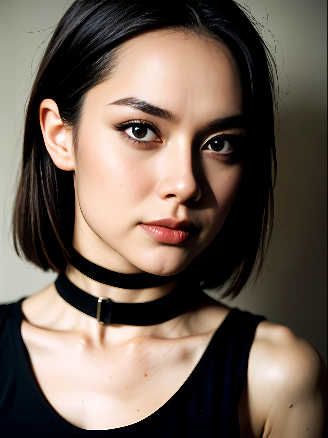 photo, rule of thirds, dramatic lighting, short hair, detailed face, detailed nose, woman wearing tank top, freckles, collar or choker, smirk, tattoo, intricate background