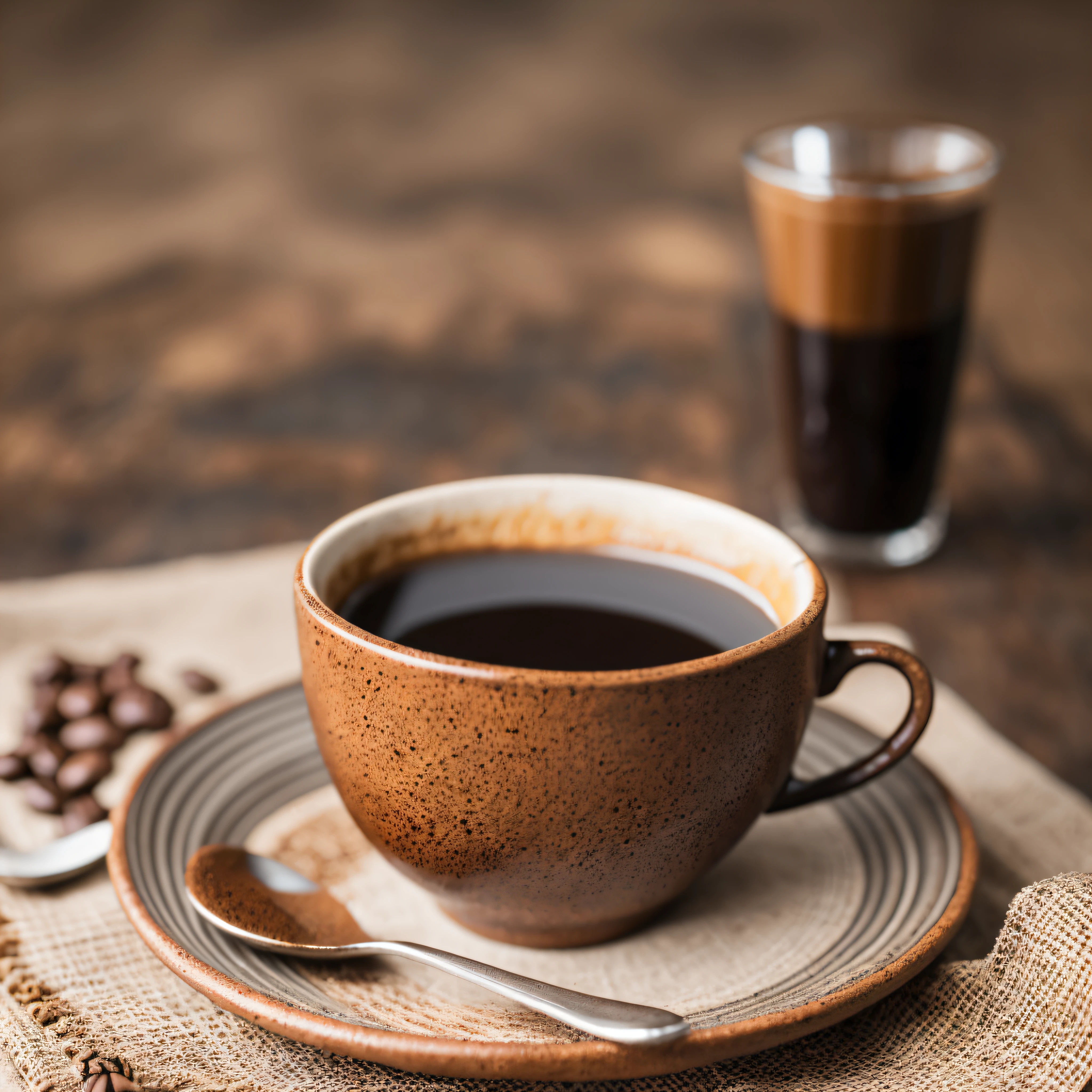 café tostado y granos esparcidos sobre un paño con una taza de café de arcilla fotografiado con una cámara macro ultra realista HDR de 35 mm --auto --s2