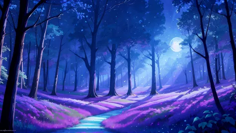 wooded landscape with purple moon shining in the background, mariposas azules en el aire