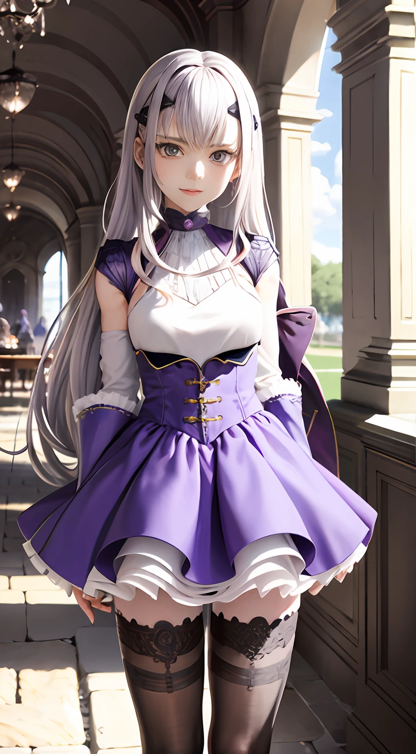Wear purple，Heavy knightly armor，Wear a purple brace，Large silver shoulder pads，Silver calf and knee armor，Tall girl，Real Human，Purple and white striped miniskirt，Black suspender stockings，Bare-chest，Exposed bra，In front of the castle，Hold a sword in your right hand