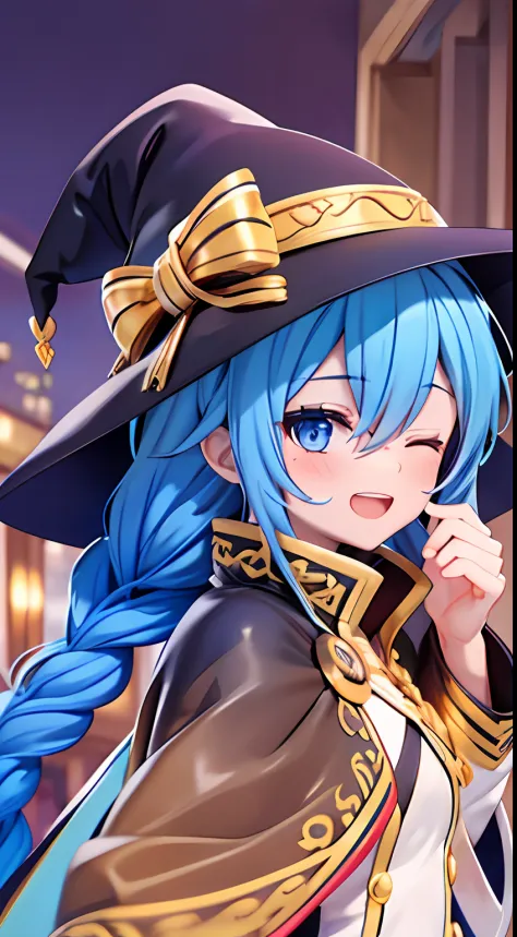 roxy migurdia, Masterpiece, Best quality, Very detailed background, Cafe, hand on own cheek, Open mouth, Eyes closed, clench one's teeth, Smile, arms back behind, bangs, Black tiara, Blue eyes, Blue hair, Braid, Brown cape, Cape, hair between eye, Hat, Lon...
