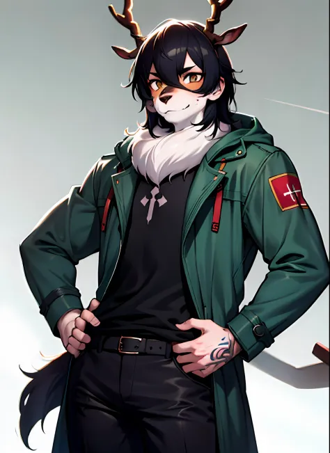 furry，Dark green coat，The muscles are pronounced，deer antlers，Tattoo ornamentation，Crossbow in hand。
