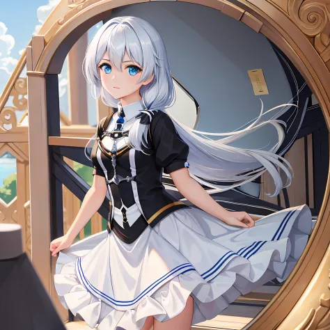 (masterpiece:1.2), (best quality:1.3), valkyrie_pledge, 1girl, blue_eyes, white_hair, flat_chess, black_dress,