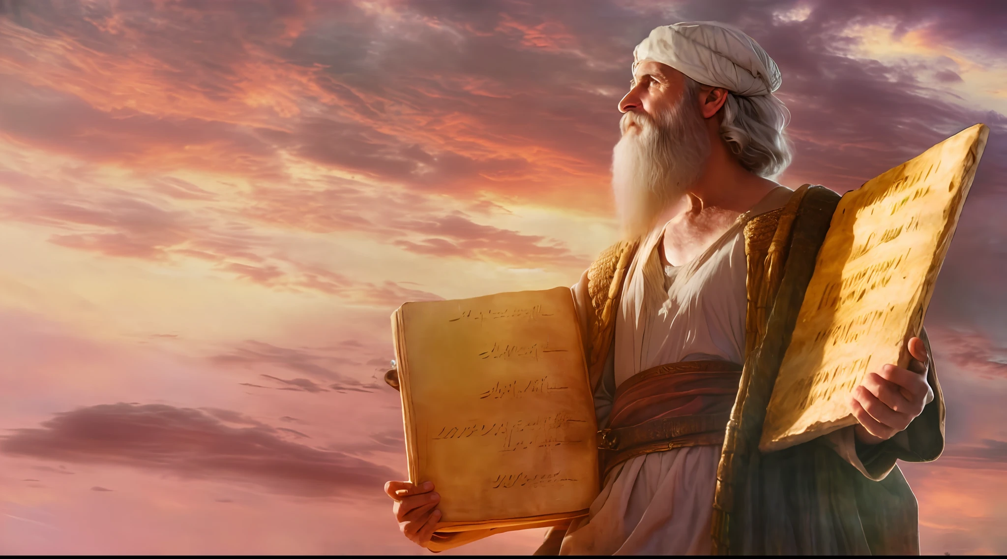 portrait of Moses with the Ten Commandments, cinematic lighthing, profundidade de campo, Bokeh, Realismo, fotorrealista, hiper-Realismo, fotografia profissional, UHD, DSLR, HDR