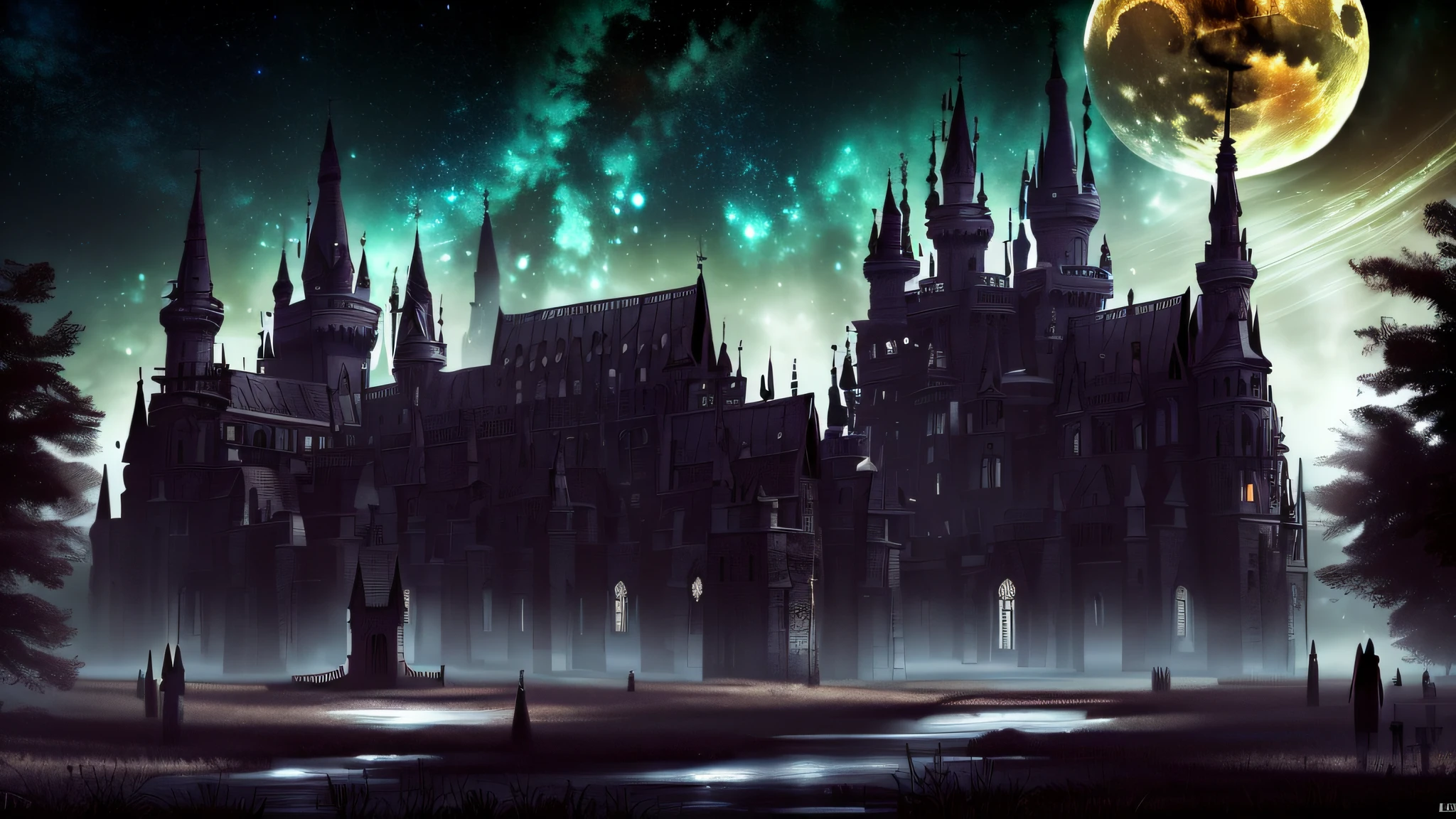 Gothic churches and castles under the stars, themoon，Black night，Dark Gothic scene, Gothic castle background, Great dark Gothic castle，There was no one in the clearing，Only a few crows flew by，((((quality：Best quality, Masterpiece)))，galactic temple, eerie highly detailed, scary gothic architecture, Cyberpunk Church, Dark fantasy setting, gothic cathedral,，Damaged Gothic cathedral, Forrest's huge cathedral，8K，Wallpapers，真实感