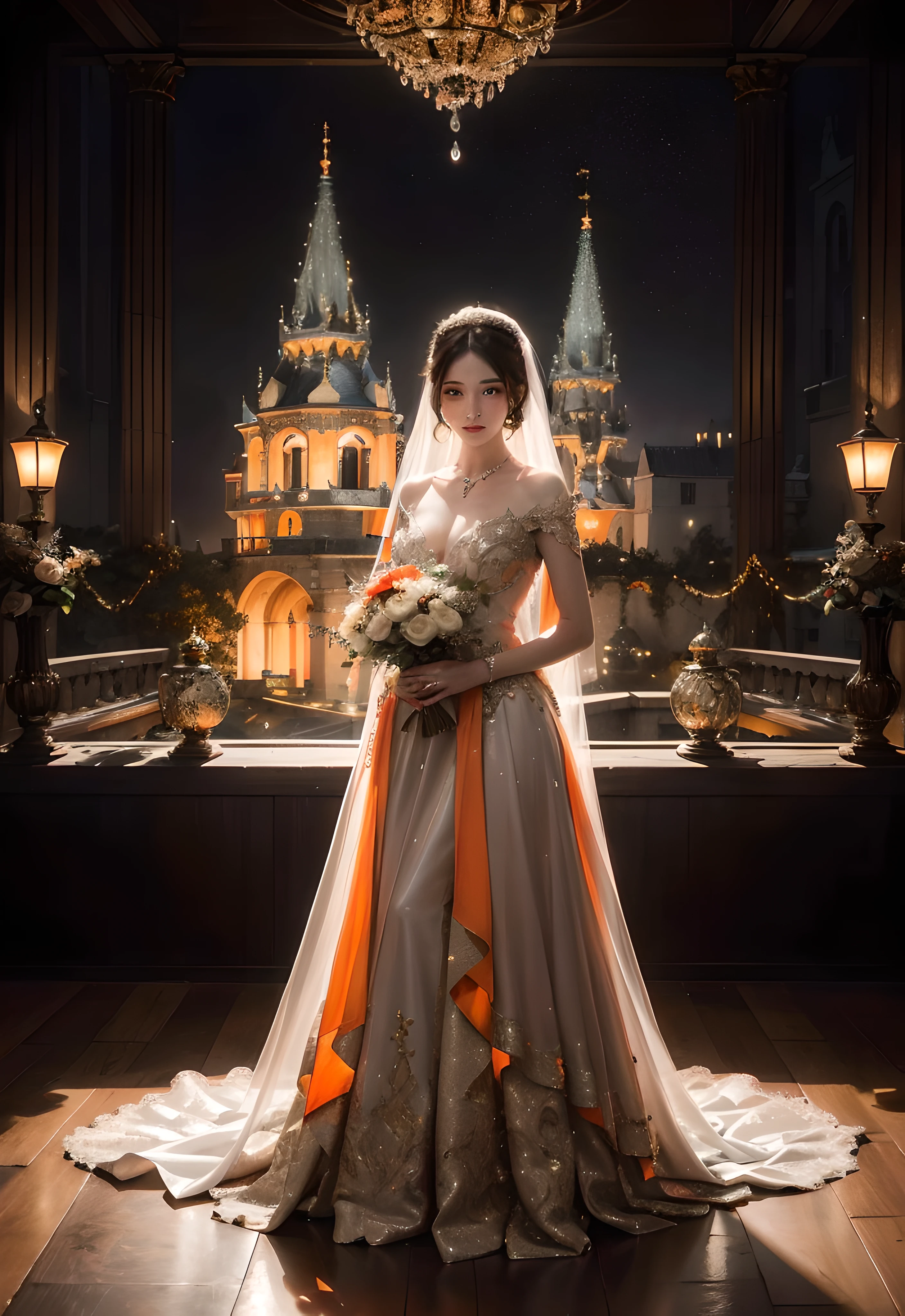 The Aalfed bride in a wedding dress stands in front of the castle, very magical and dreamy, fantasy gorgeous lighting, wedding photo, sergey krasovskiy, aleksander rostov, sergey vasnev, in style of kyrill kotashev, sergey zabelin, ethereal fairytale, andrey gordeev, beautiful gown, dreamy dress