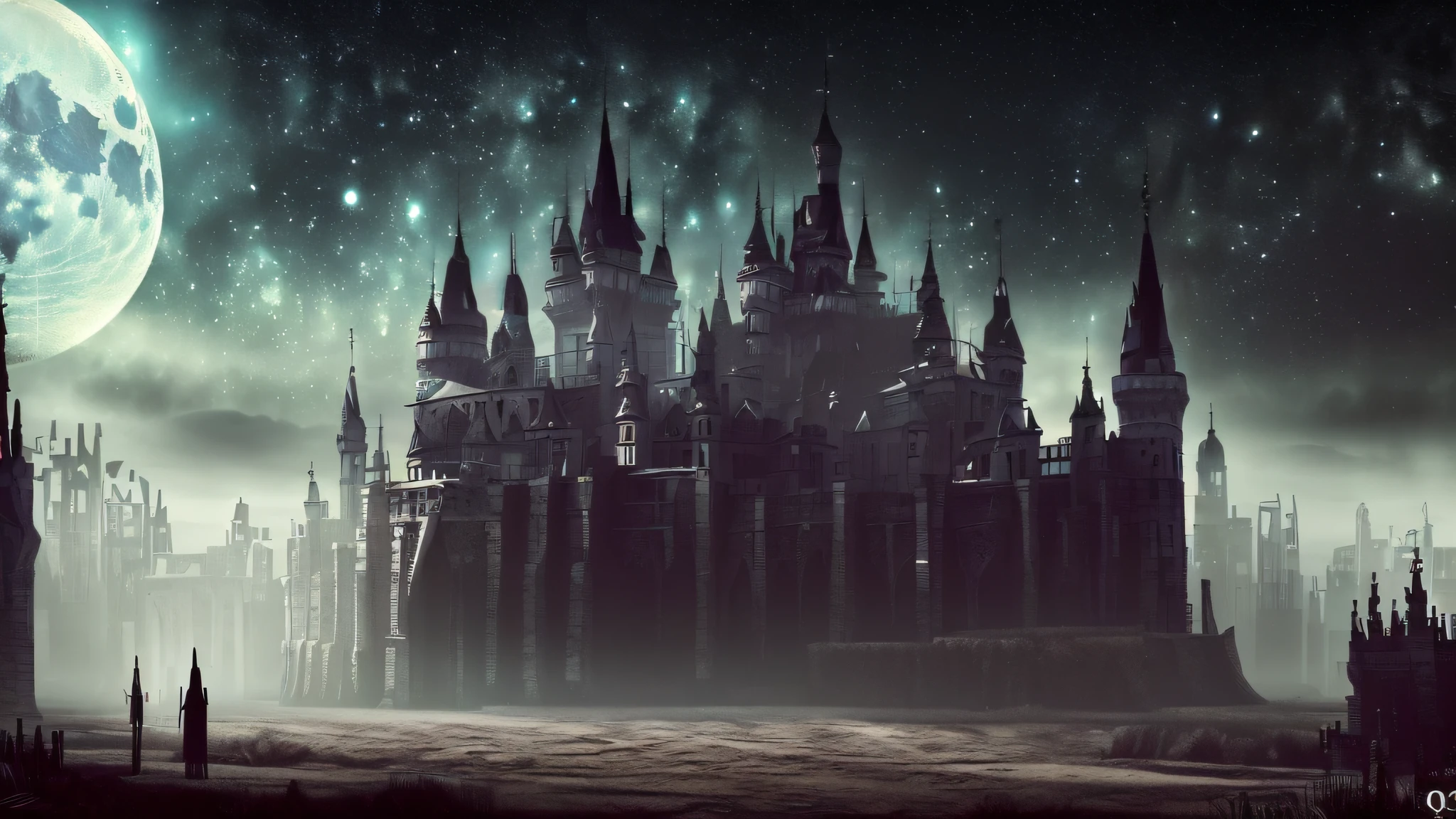 Gothic church and castle over the stars, themoon，Black night，Dark Gothic scene, Gothic castle background, Great dark Gothic castle，((((quality：Best quality, Masterpiece)))，galactic temple, eerie highly detailed, scary gothic architecture, Cyberpunk Church, Dark fantasy setting, gothic cathedral,，Damaged Gothic cathedral, Forrest's huge cathedral，8k，Wallpapers，真实感