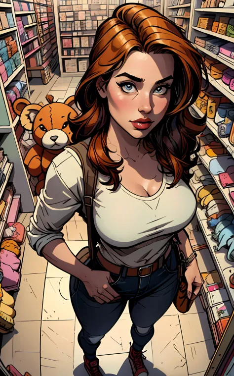 masterpiece, best quality, high detailed, colorful, from above, solo, realistic, girl standing in a store with lots of stuffed a...