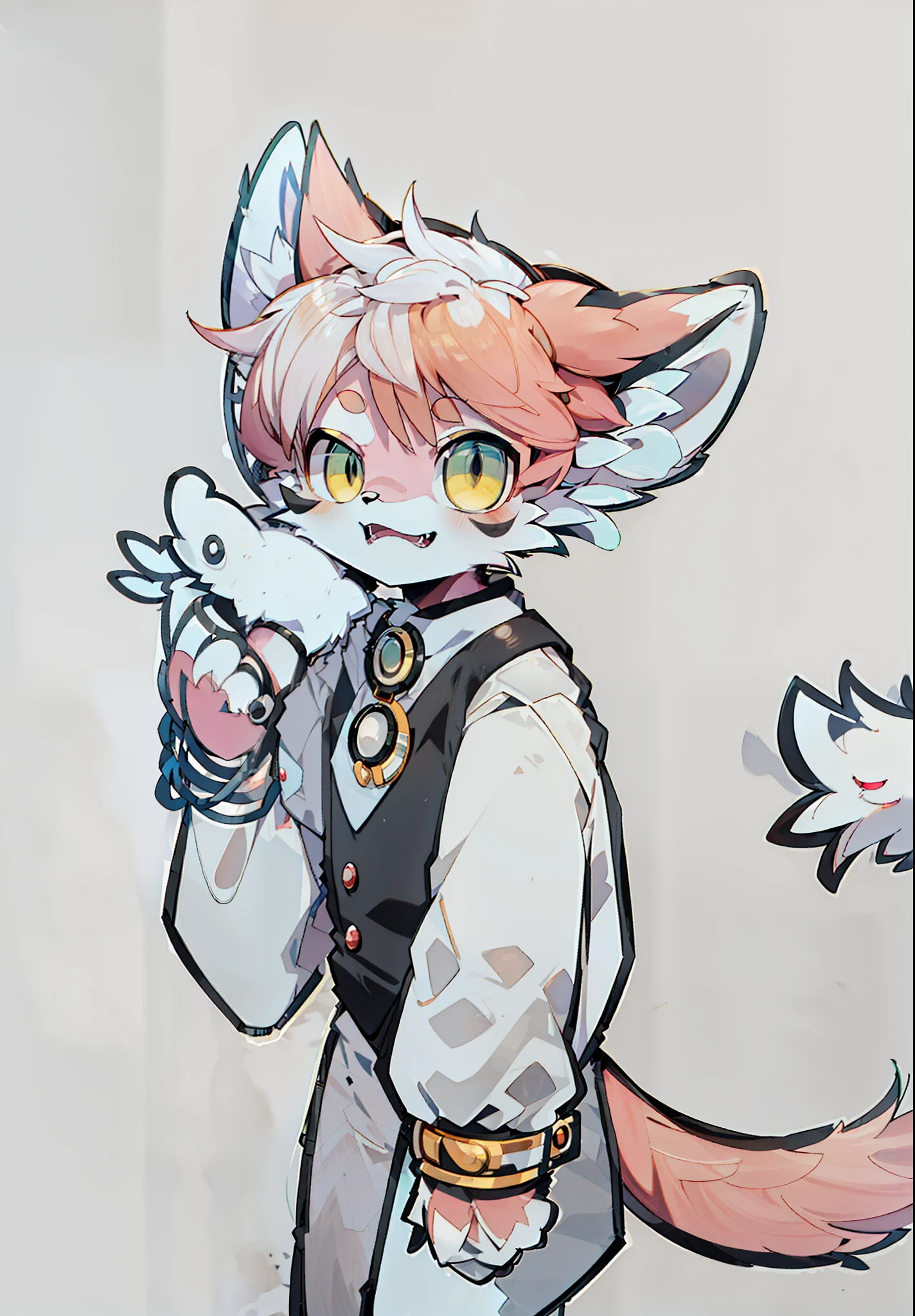 Draw a girl with pink hair and a black vest holding a bird, professional furry drawing, anthropomorphic fox, Anthropomorphic fox, a fox, portrait of an anthro fox, Pink fox, fursona art, tonic the fox, fursona!!!!, Furry character, Furry art!!!, fursona commission, furry fursona