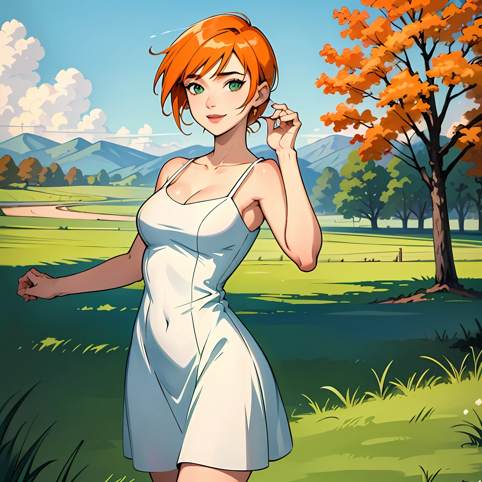 (vivid colors)(cowboy shot), trees, green grass, hills looking at viwer, park, blue sky, clear view of the sky,posing, different poses, ((white sundress dress)),  vogue magazine, modeling(masterpiece), (best quality:1.0), (ultra highres:1.0), detailed eyes,
Gwen10000 1girl, bangs, orange hair, green eyes,smile ,