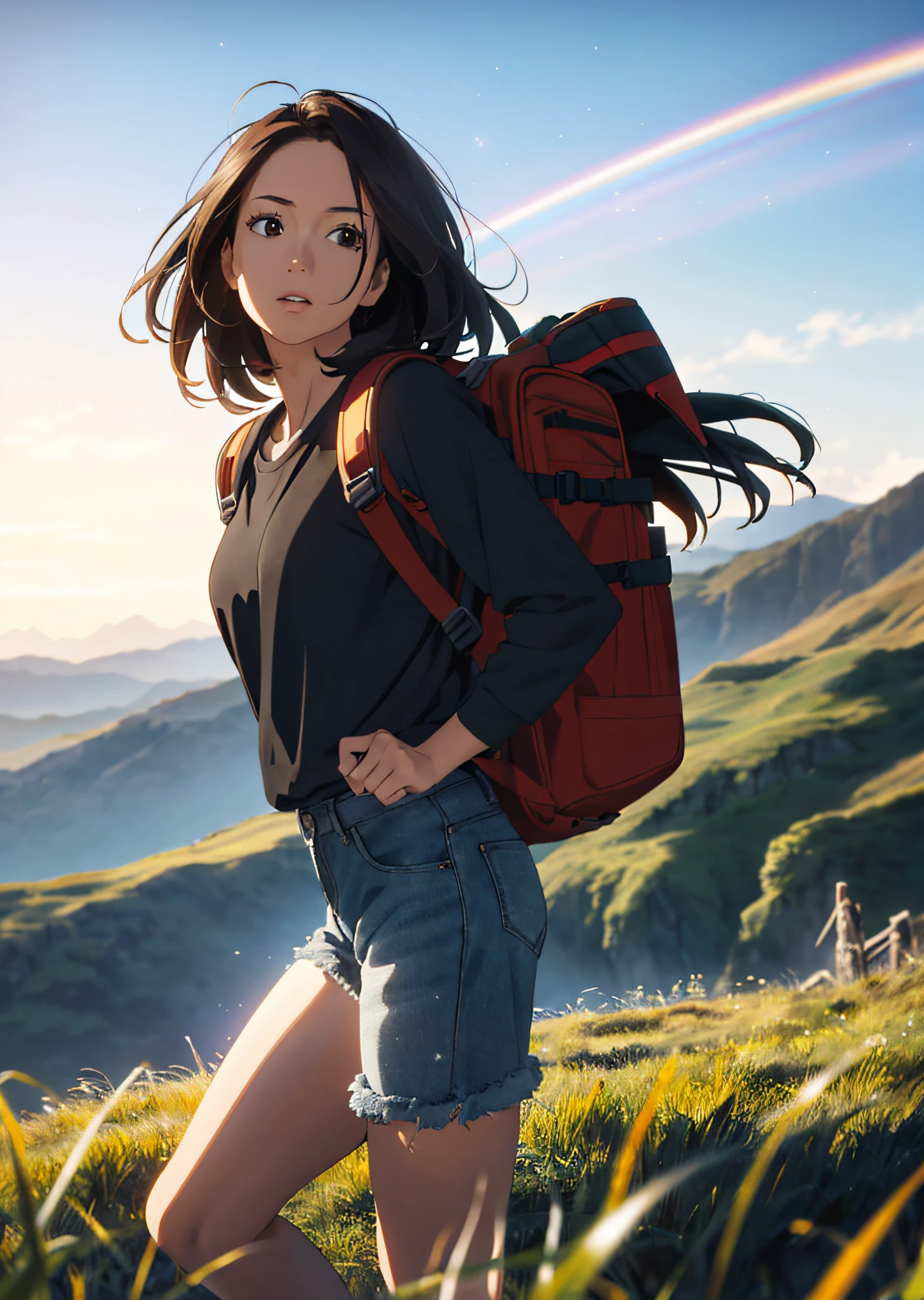 (beautiful and magnificent skyline, majestic sky), (extremely tense and dramatic pictures, moving visual effects), (high hanging Polaris, colorful natural light), (1girl), (long-sleeved top, denim shorts, carrying a backpack), (dynamic pose:1.3, black eyes, black hime-cut hair, sparkling girl)[:0.8], (large grassland), (oncoming breeze), (brown hair and background Coordination effect: 1.2), (close shot, long shot mix and match)[::0.9]