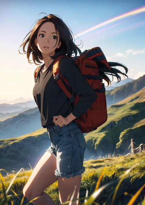 (beautiful and magnificent skyline, majestic sky), (extremely tense and dramatic pictures, moving visual effects), (high hanging Polaris, colorful natural light), (1girl), (long-sleeved top, denim shorts, carrying a backpack), (dynamic pose:1.3, black eyes...