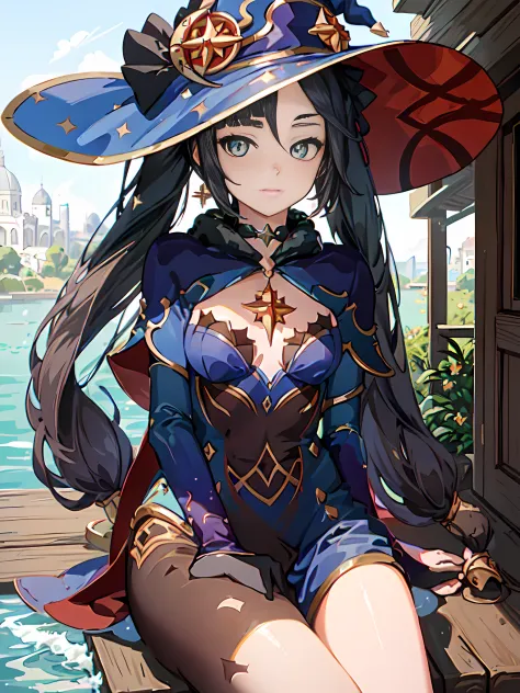 mona_genshin, default_dress, witch hat,  a serene illustration of mona sitting in the middle of the city, gazing at a bird in fr...