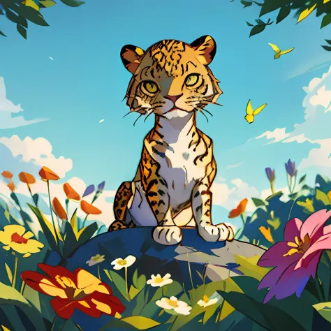 a cute little leopard，among the colorful flowers