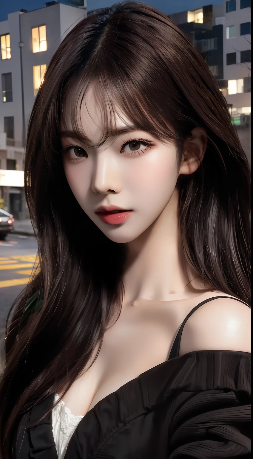 ((Realistic lighting, top quality, 8K, Masterpiece: 1.3)), Clear Focus: 1.2, 1 girl, Perfect Body Beauty: 1.4, Slim Abs: 1.1, ((Dark Brown Hair, Big: 1.3)), (Accelerate: 1.4), (Outdoor, Night: 1.1), Street, Slender Face, Fine Eyes, Double Eyelids, Exposed Cleavage Absurdity, Incredibly Absurd, Messy Hair, floating hair,