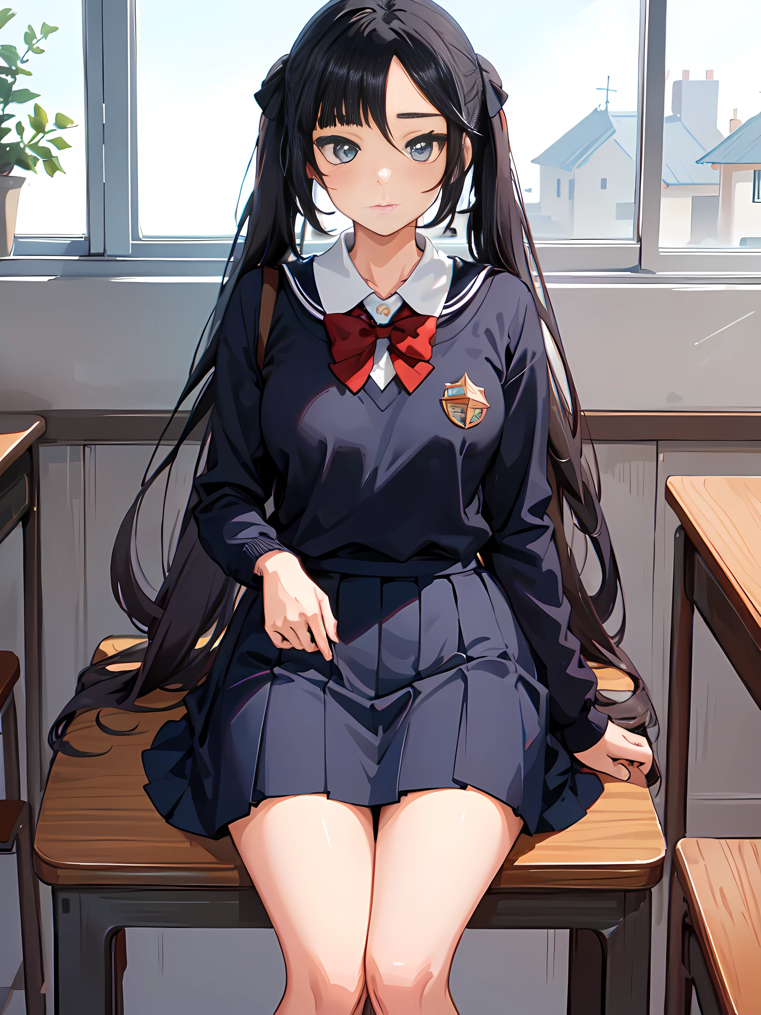 mona_genshin, high_scholl_uniform, A charming illustration of Mona wearing a high school uniform, sitting in the classroom attentively observing the lesson during school. The scene radiates a sense of youth and learning, capturing Mona's studious and focused expression as she engages in the educational moment. The school setting creates a delightful backdrop, showcasing the essence of a high school environment. This artwork beautifully captures Mona's presence in the classroom, making it a visually appealing and engaging portrayal, Illustration, digital art, (masterpiece), (perfect face), (perfect hand), (symetrical face proportions), (best quality), --4K --UHD --Hyperdetailed