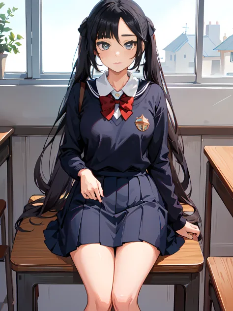 mona_genshin, high_scholl_uniform, a charming illustration of mona wearing a high school uniform, sitting in the classroom atten...