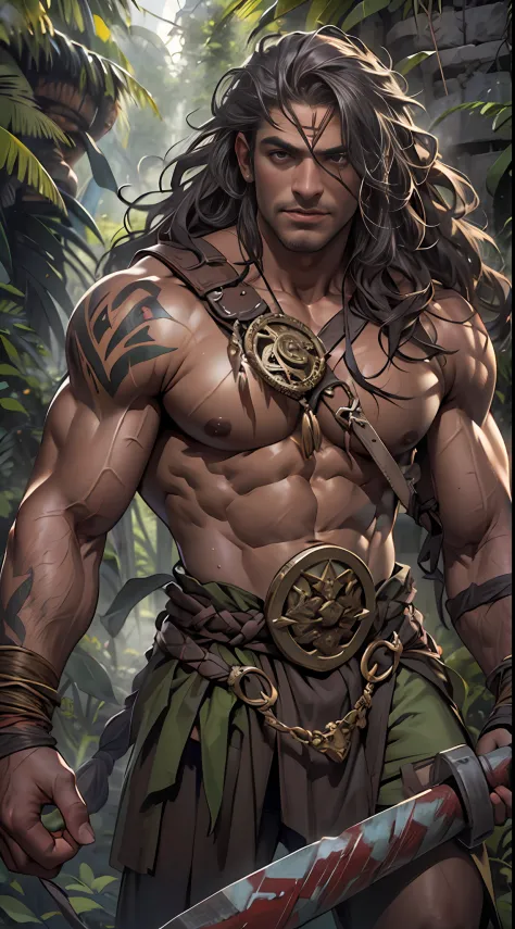 Muscular barbarian, partially  upper body, lower body uncovered from thighs to feet,, long flowing curls, intricate muscular det...