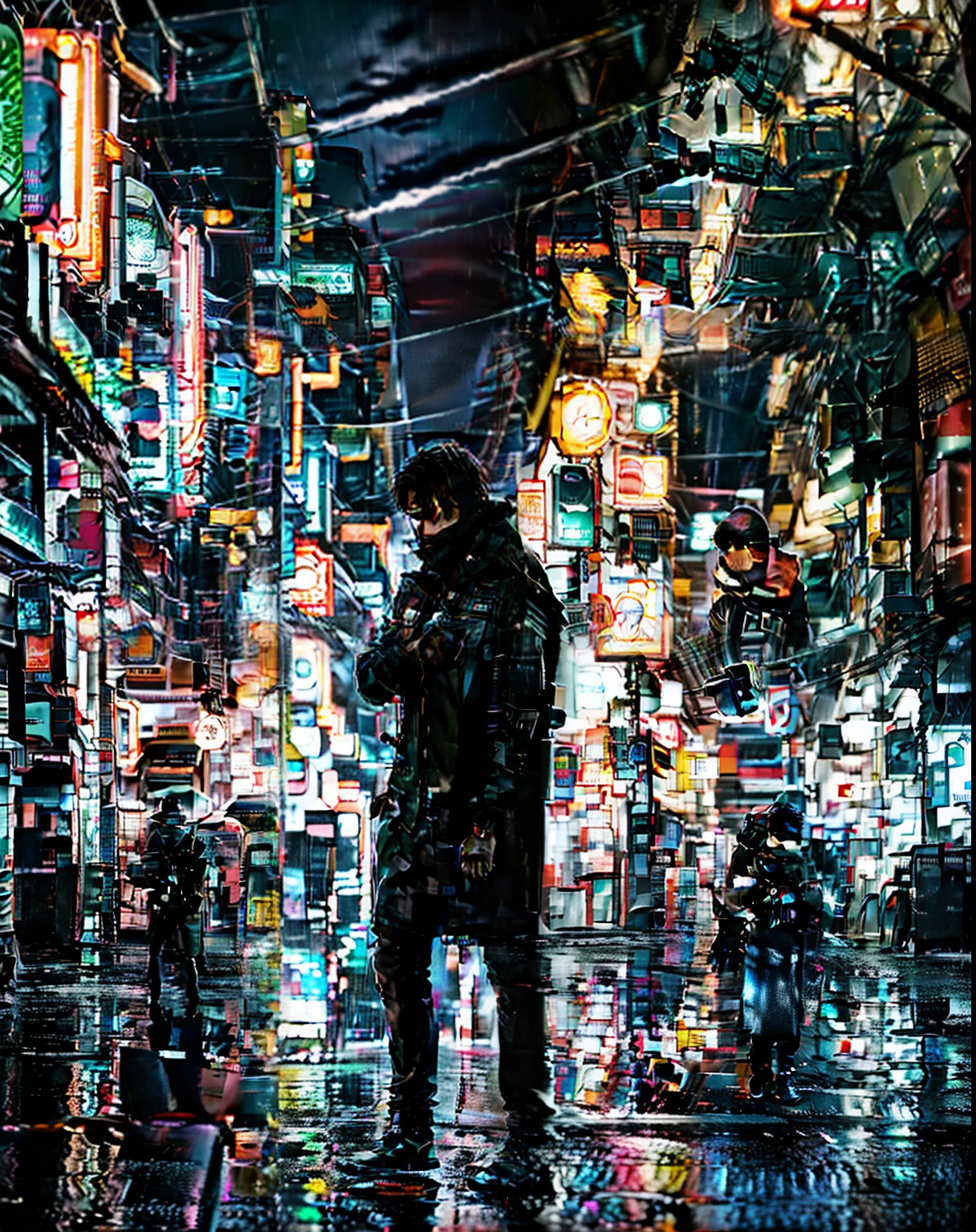 Photo of detective man standing alone in rain silhouetted with neon lights | Cyberpunk | nightcity | Canon EF 50mm f/1.8 STM lens | 2077 | Realistic | hyper realisitic | Ray traching | depth of fields | full of colour | Cinematic | Highly detailed | Rim lighting