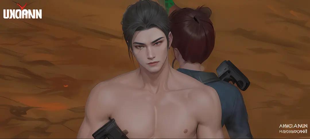 there is a man with a gun and a woman with a gun, evil devious male, nixeu and sakimichan, close up half body shot, ruan jia and...