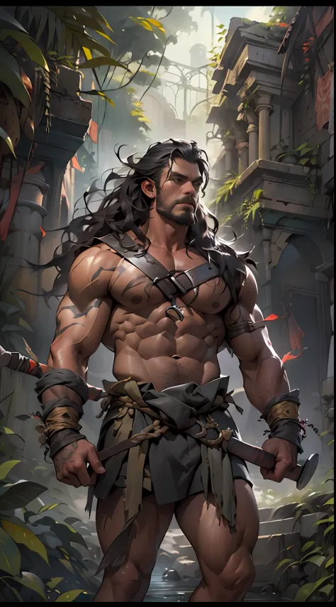 Muscular barbarian, partially  upper body, lower body uncovered from thighs to feet,, long flowing curls, intricate muscular det...
