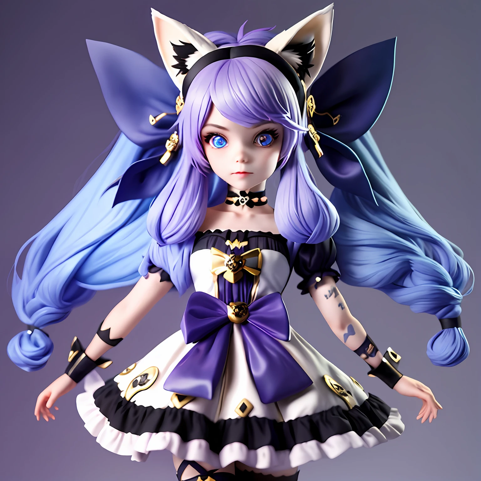 A girl with long purple hair and blue eyes with fox ears and tail is wearing a lolita style outfit with a black double skull headband