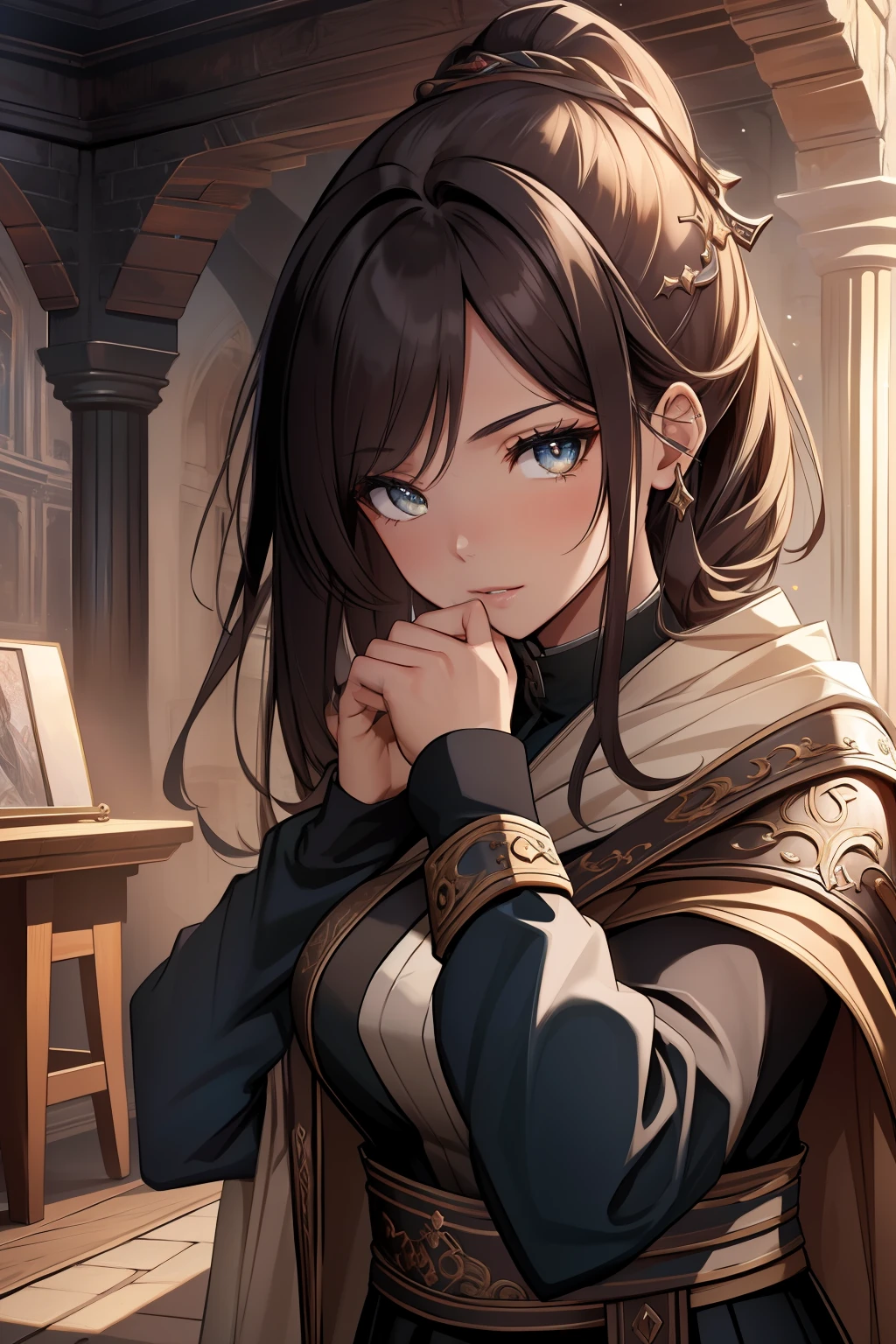 (Masterpiece, Best quality),  Intricate details, 8K, art  stations, the wallpaper, offcial art, Splash Art, Sharp focus，In dungeon time，Ellie is a young and talented mage，She has an outstanding magical talent and a strong heart for justice。
