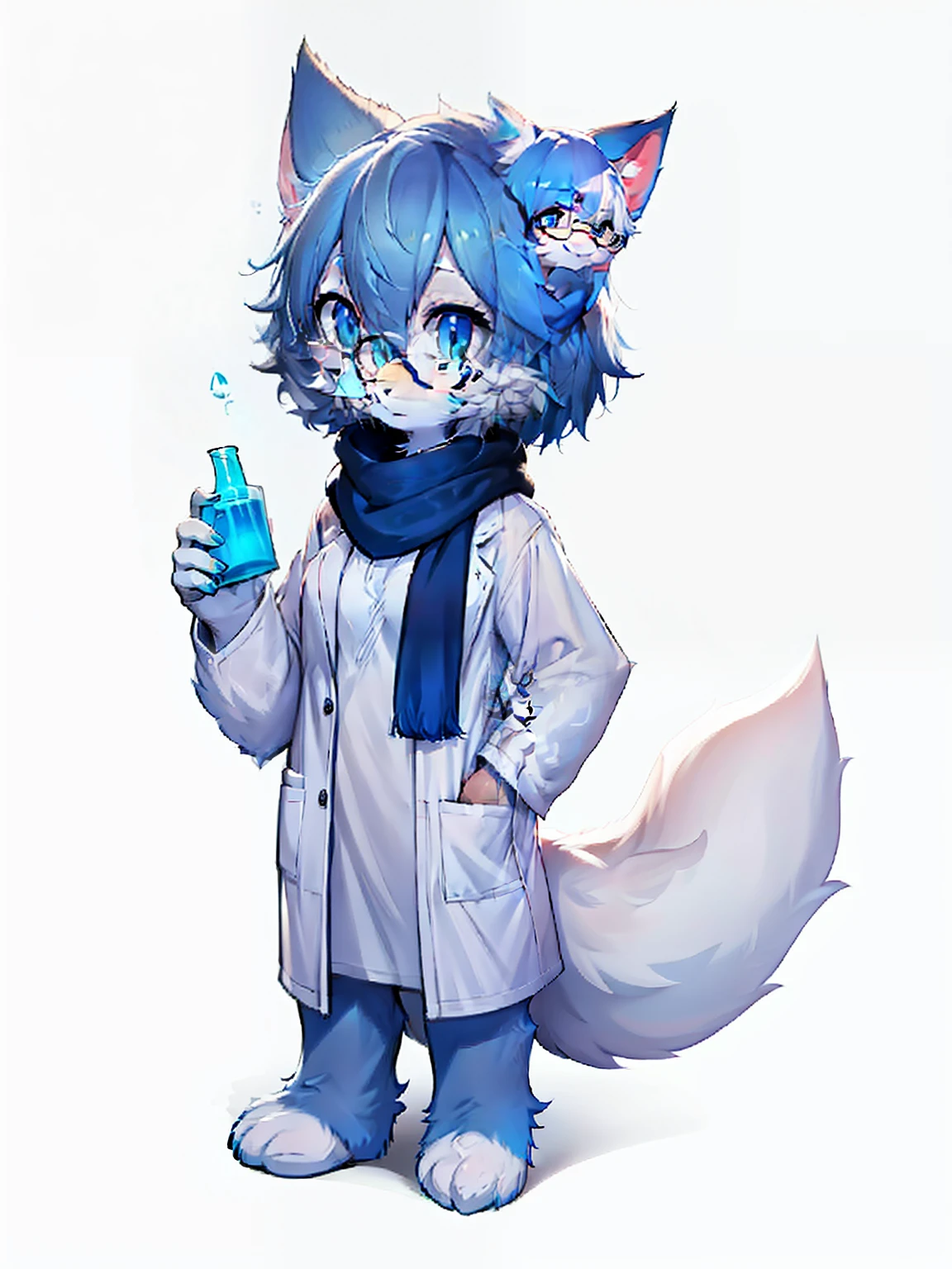 Anime character with arctic fox ears wearing lab coat and blue scarf,Arctic fox with fluffy blue fur and tail,Wear half-rimmed glasses,Arctic fox beauty in lab coat,  Fox scientist, professional furry drawing，female fursona