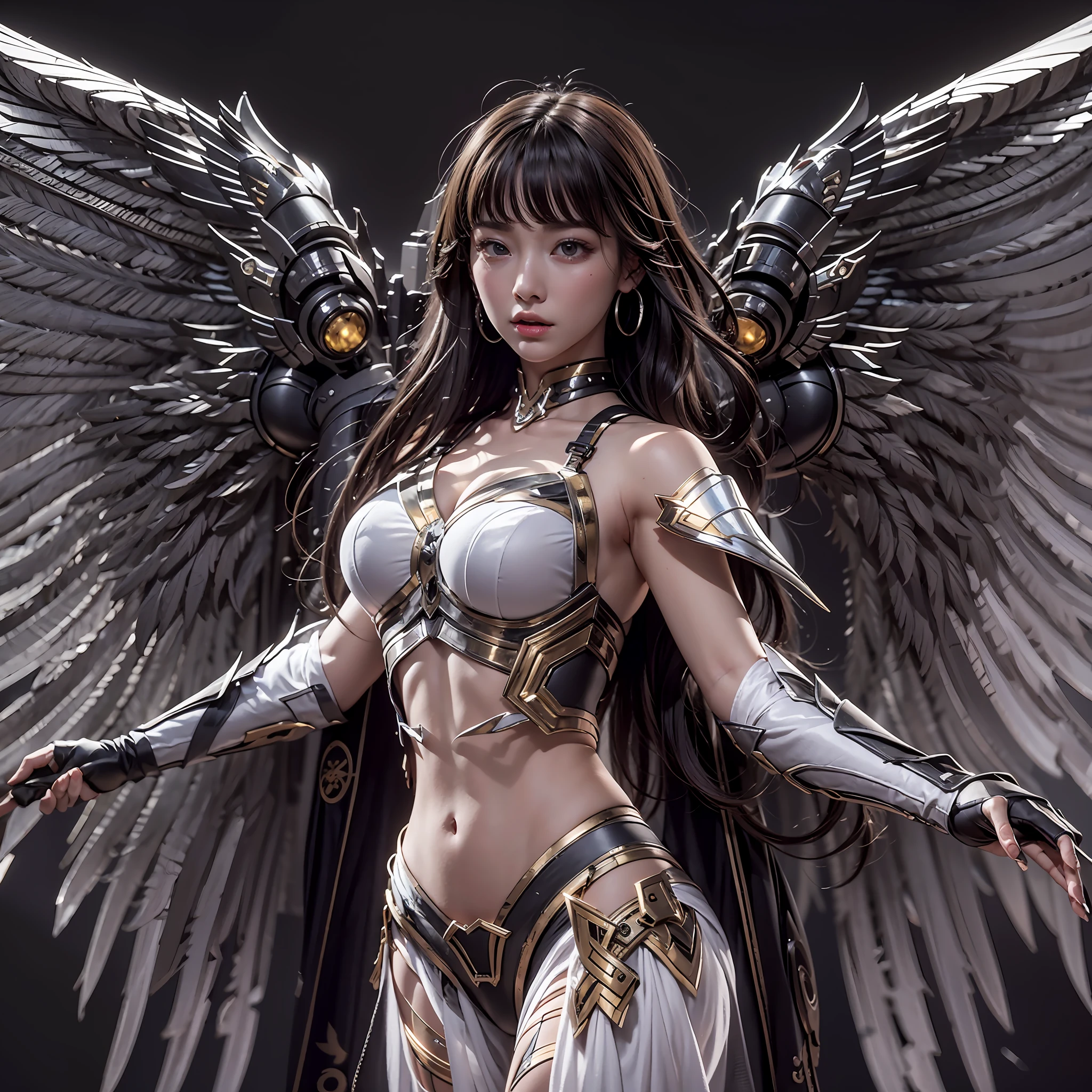 1girll，Dark Angel Warrior，(((On the back there is a pair of large black half-body wings)))，Black titanium，Metal wingetal wings）），（（Black gold metal armor）），high detal，（beautifulface），Perfect facial features，red tinted hair，Black and gold greatsword，Futuristic technical background，apathy、Aloof、On the high horse，atmospurate、macro，Realistis，hdr（HighDynamicRange）、Ray traching、NVIDIA RTX、Hyper-Resolution、illusory 5、sub surface scattering、post-proces、Anisotropy Filtering、depth of fieldaximum definition and sharpness，Surface coloring、Accurately simulate light-material interactions、perfectly proportions、rendering by octane、largeaperture、Low ISO、White balance、the rule of thirds、8K raw data、lightand shade contrast