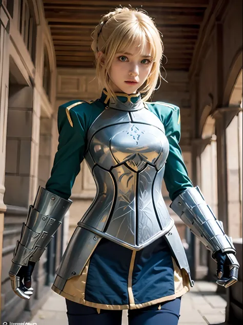 aasaber, green eyes, blonde hair, ahoge, gauntlets, (masterpiece:1.2), (ultra detailed), (8k, intricate), (85mm), (highly detail...