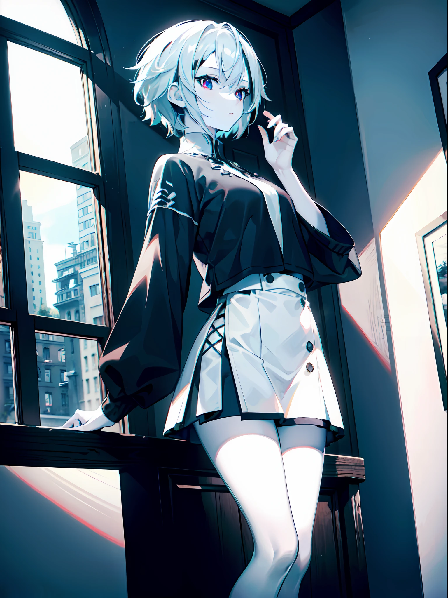 ((female)), (solo:1.2), ((masterpiece)), ((pale skin)), ((detailed eyes)), (bokeh effect), (dynamic angle), dynamic pose, white hair, black hair, gradient hair, short hair, interior, (x-shaped pupils)