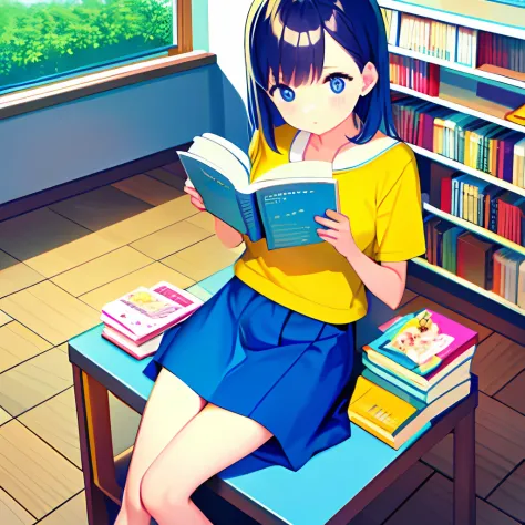 1girll, Sitting, reading book，Bright library