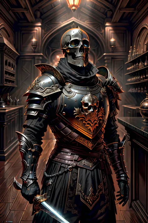 Cavaleiro esqueleto, skull on display, sem capacete, ultra realista, usando armadura de placas brilhante preto andando em uma vi...