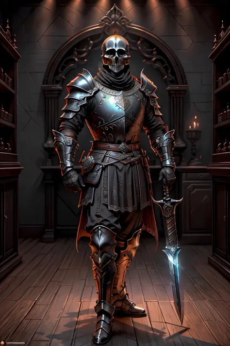 Cavaleiro esqueleto, skull on display, sem capacete, ultra realista, usando armadura de placas brilhante preto andando em uma vi...