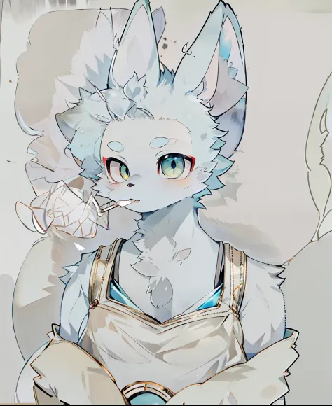 blue fur，kizi，short detailed hair，smoking a cigarette，half-suspender tunic，slightly short hair，eyebrows slightly wrinkled