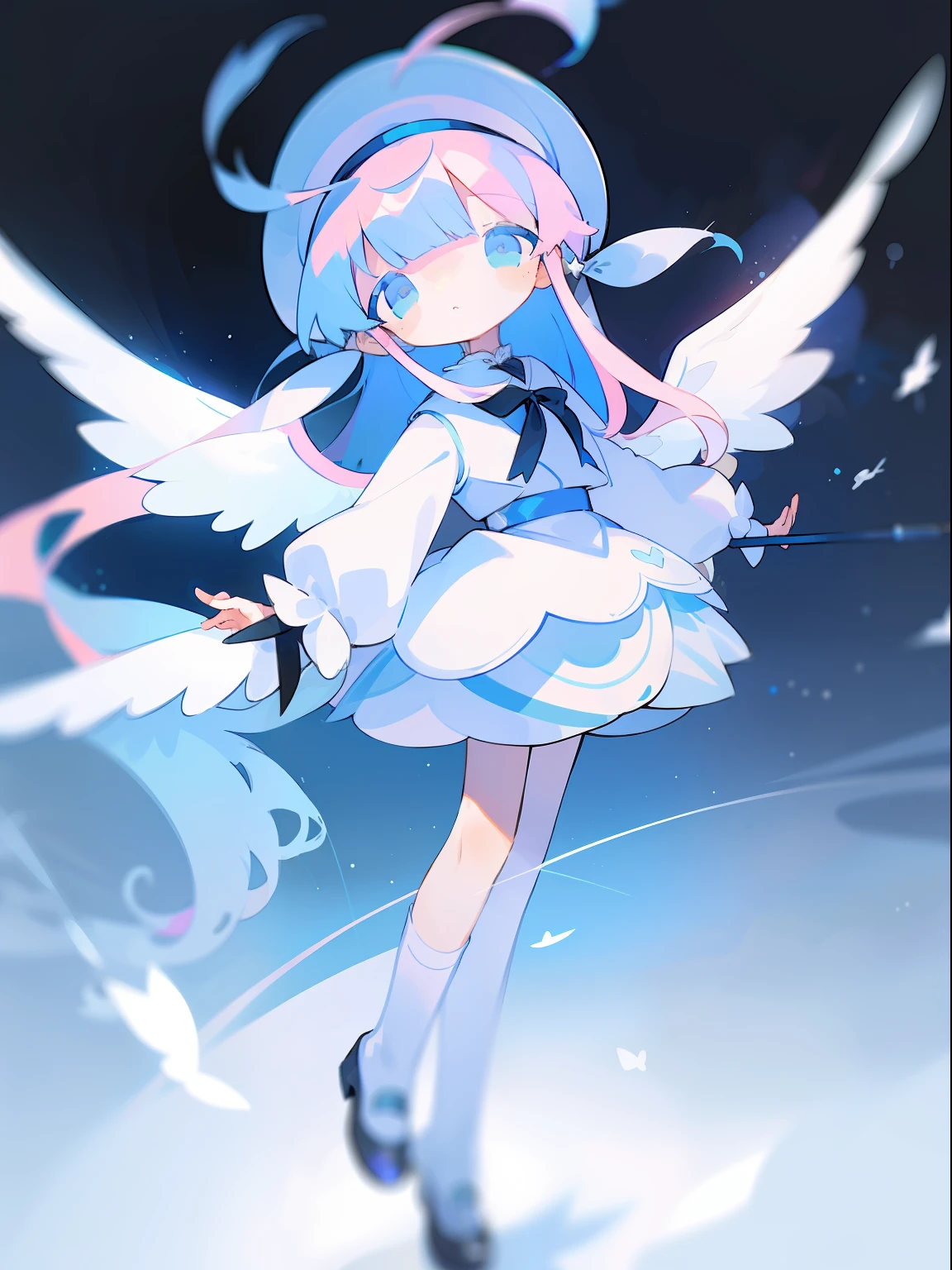 Three Girls、Cuteness stands out、Delicate and beautiful、long、white  hair、Pastel Blue Hair、Pastel pink hair、With a graceful look、Gaze、angelicales、Angel wings、Black sailor suit、White sailor suit