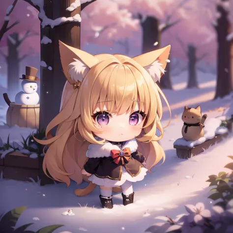 chibi cat、white backgrounid、very cute、a blond、snowy background、showy、snowman、less exposure、tiny girl、