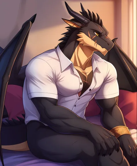 Western Black Dragon，Height Long thick legs，Casual attire，Bright golden eyes，toned figure，Majestic character，sit on a bed，Full of oppression，is handsome and charming，There is a scar on the chest，Full of sexual tension，The tail of the black dragon cannot be...