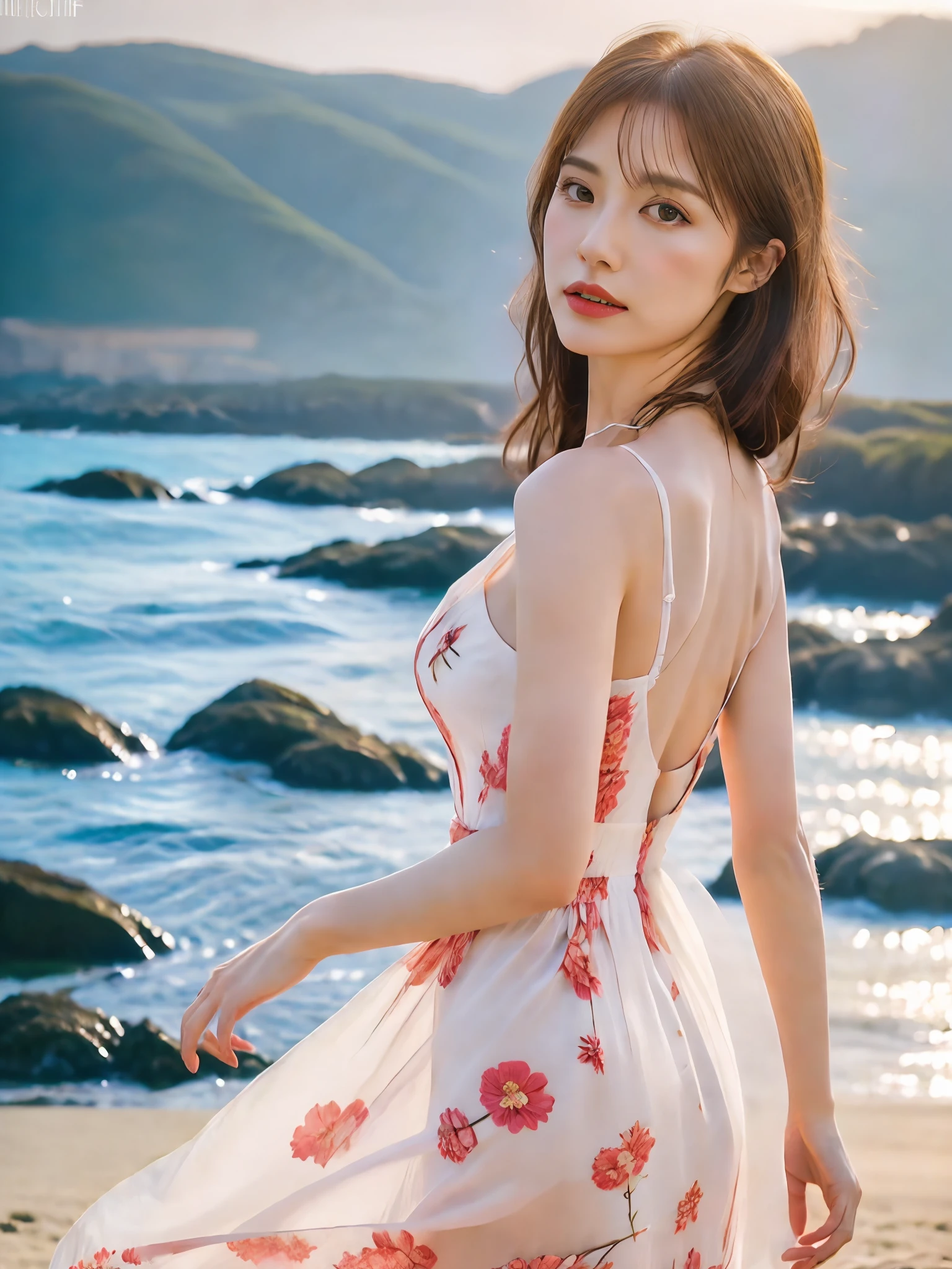 master work，high quarity，Real Photos，Elegant woman，Stand on a rock on the beach，The face is delicate，Clavicle，Wearing a long floral dress，Cotton lining，Engaging pose，Sideways，back-view，Sexy buttocks，Background blur，depthoffield，Central symmetry，56mm,F2