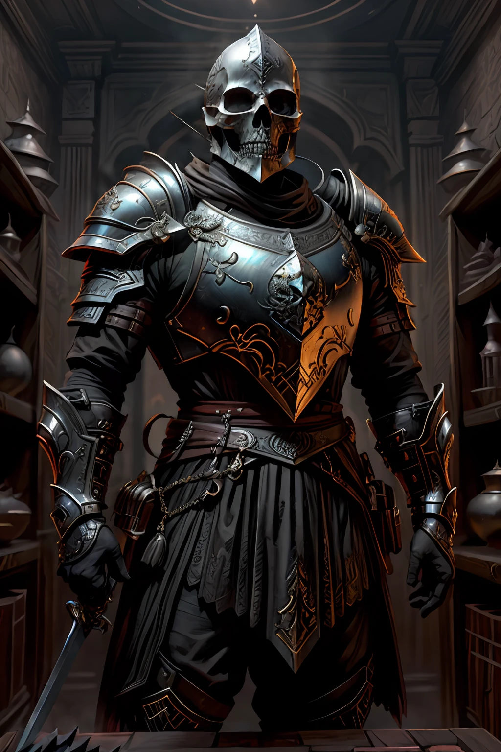 skeleton knight, white skull on display, without a helmet, ultra realisitic, wearing black shiny plate armor walking in a burning village, He uses a sword in one hand and a shield in the other, (intrikate: 1.4) (Masterpiece artwork: 1.4) (illustration: 1.4), red studio lighting, Post-processing, 8K resolution, darkness background, Stately , meticulously composed photos, impressive, ダークファンタジー (por Greg Rutkowski: 1.2), (poke Daarken: 1.5)&quot;