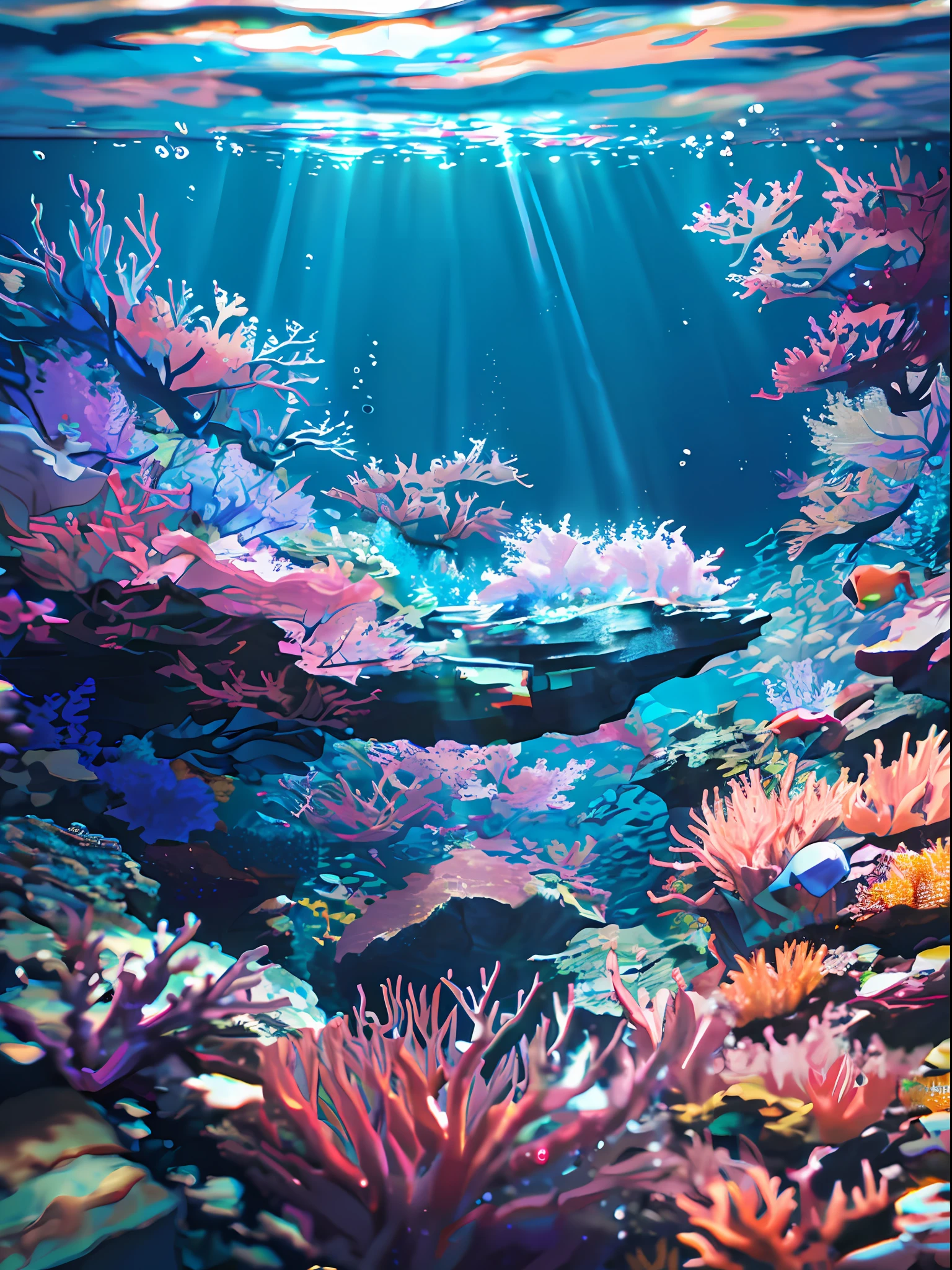(masterpiece, best quality:1.2), (no humans, cliff, underwater, perspective, from below:1.5), 8k, raw photo, absurdres, beautiful coral reef, rocks, many very small fishs, colorful tropical fishs, light leaks, depth of field, stunning scape, film grain, chromatic aberration, dynamic lighting, dramatic lighting, HDR, photorealistic, film grain, chromatic aberration, highres, ultra detailed, finely detail, extremely detailed, shadow, sharp focus