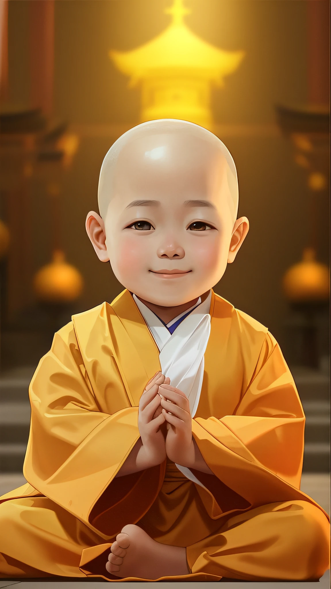 Close-up of a child sitting on the ground in a monk's costume, monk clothes, yellow robes, Yellow robe, monk, buddhist monk, Buddhist, with yellow cloths, blessing hand, he is greeting you warmly, monk, monk meditation, dressed in simple robes, 2 1 st century monk, avatar aang, ancient japanese monk, Yan, kiddy big breasts