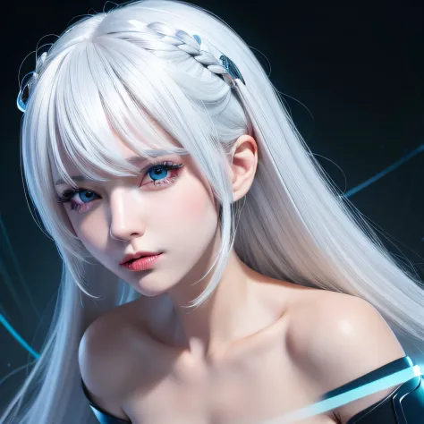 8k，masterpiece,best quality,highres,
(1girl:1.4),(close-up),(light lines:1.25),(speed lines:1.2),(white hair),cyan eyes,
