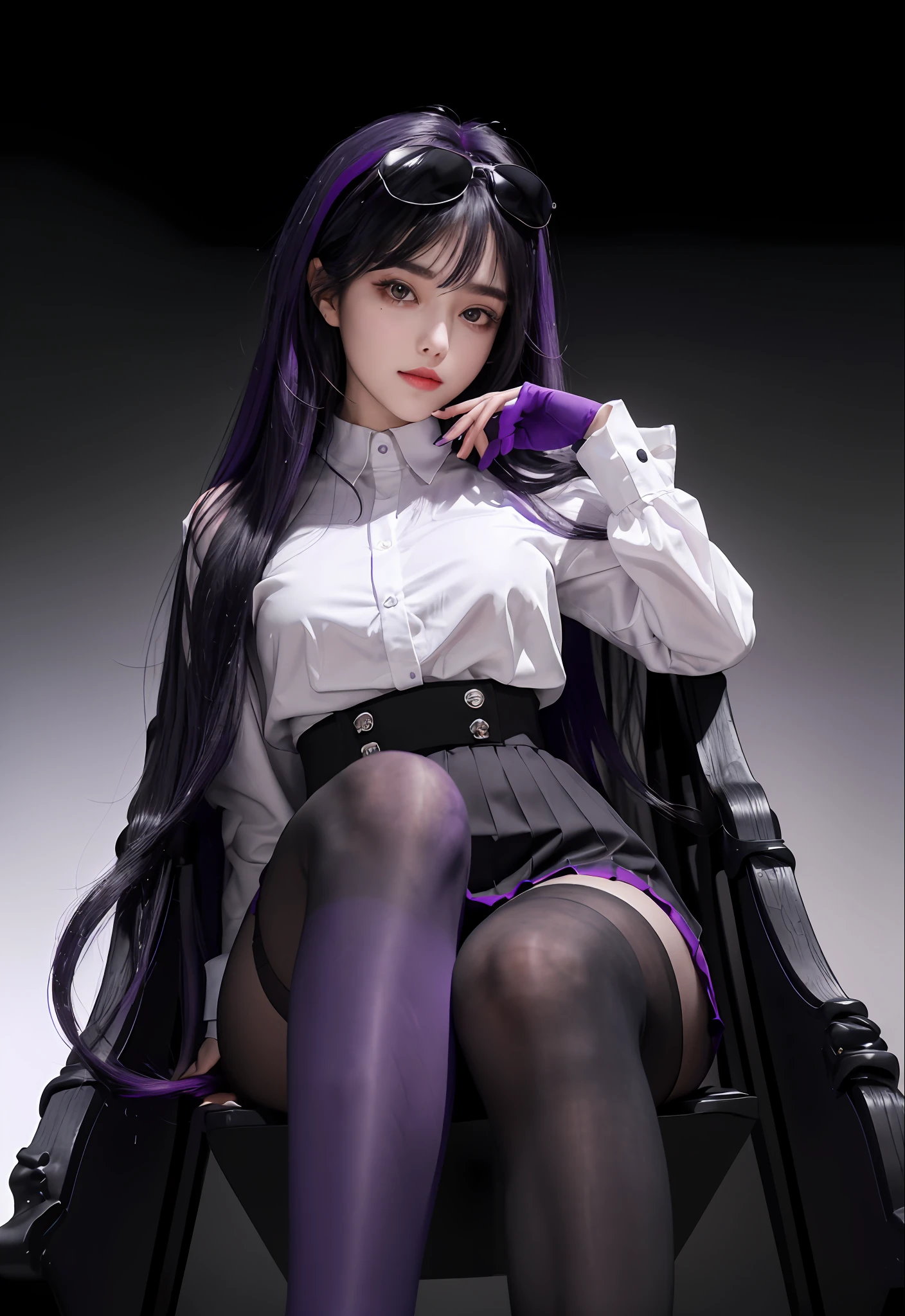 (Masterpiece, Best quality),8K quality,  1girll, 独奏, KafkaHKS, A woman sits in a chair，There was a knife leaning against the side of the chair，Playful expression！Purple and black clothes。eyewear on head,  gradient backgrounds， hair between eye，Long sleeves, Purple gloves, White shirt,  Purple pantyhose, Black boots, Purple cobwebs， Black silk thighs，  sunglasses on head， long whitr hair， looking at viewert， Black Purple Hair， Short purple nails， Scarlet eyes，Thighs, Thighs，upper legs，long whitr hair，Wine，wineglass，（（tmasterpiece））Pleated purple skirt，Sat down，Absolute realm，mistic，magical