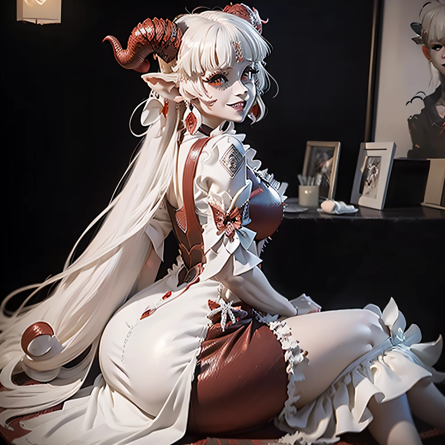 Albino-skinned woman with red whites with horns and horns on her head sitting at a table,  anime demon, 2. 5 d CGI动漫奇幻艺术作品 | | | | | | | | | | | | |, portrait of demon girl, 3 d render character art 8 k, Demon girl, detailed digital anime artwork, deviantart artstation cgscosiety, Succubus bonito | | | | | | | | | | | | |, arte conceitual escura fotorrealista, highly detailed digital art in 4k, ((Smile with extremely sharp teeth)), ((redgown)), ((( Extremely huge bust))), (((huge ass dressed)))