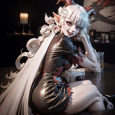 Albino-skinned woman with red whites with horns and horns on her head sitting at a table, menina anime demon, 2. 5 d cgi anime f...