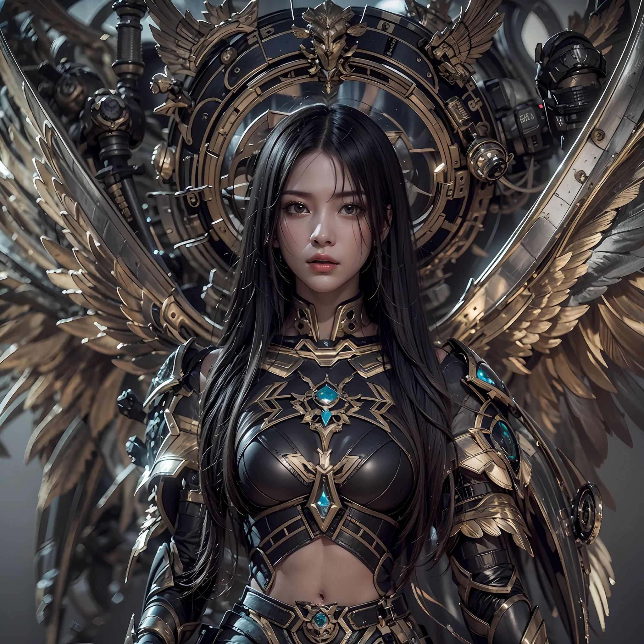 1girll，Dark Angel Warrior，(((On the back there is a pair of large black half-body wings)))，Black titanium，Metal wings，（（Metal wings）），（（Black gold metal armor）），high detal，（beautifulface），Perfect facial features，red tinted hair，Black and gold greatsword，Futuristic technical background，apathy、Aloof、On the high horse，atmospurate、macro，Realistis，hdr（HighDynamicRange）、Ray traching、NVIDIA RTX、Hyper-Resolution、illusory 5、sub surface scattering、post-proces、Anisotropy Filtering、depth of fields、maximum definition and sharpness，Surface coloring、Accurately simulate light-material interactions、perfectly proportions、rendering by octane、largeaperture、Low ISO、White balance、the rule of thirds、8K raw data、lightand shade contrast