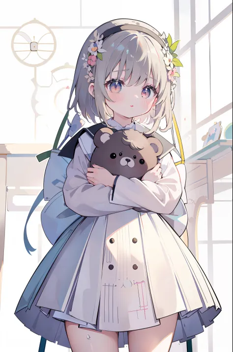 1girl in, Drawing of a woman in a dress holding a teddy bear, an anime drawing, pixiv, rokoko, gorgeous maid, White background of reference sheet, Chiquita、Gamine、Plump cheeks、((((((elementary student))))))、multilayered outfit, immense details、(masterpiece...